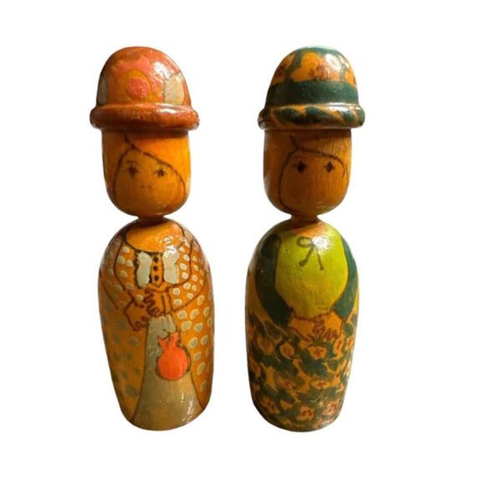 Dolls 2 Vintage Wooden Kokeshi Japanese Man and Women Hand painted 5 Inch Dolls.